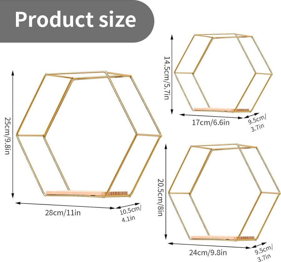 VV 3-delige set hexagon wandrek hangrek metaal en hout zwevend rek wandopbergrek organizer voor keukenrek badkamer slaapkamer wanddecoratie (goud)