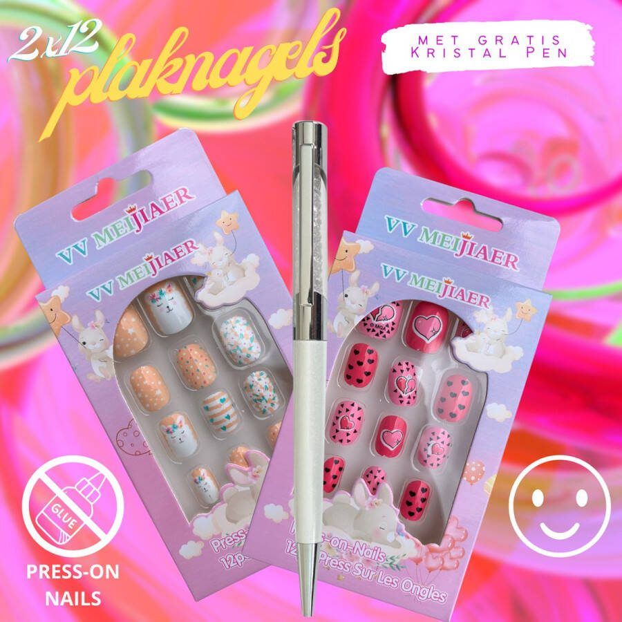 VV Meijiaer Kinder Plaknagels Valse Nagels 2 x 12 Stuks Met Gratis Diamant Pen! Geen Lijm Nodig