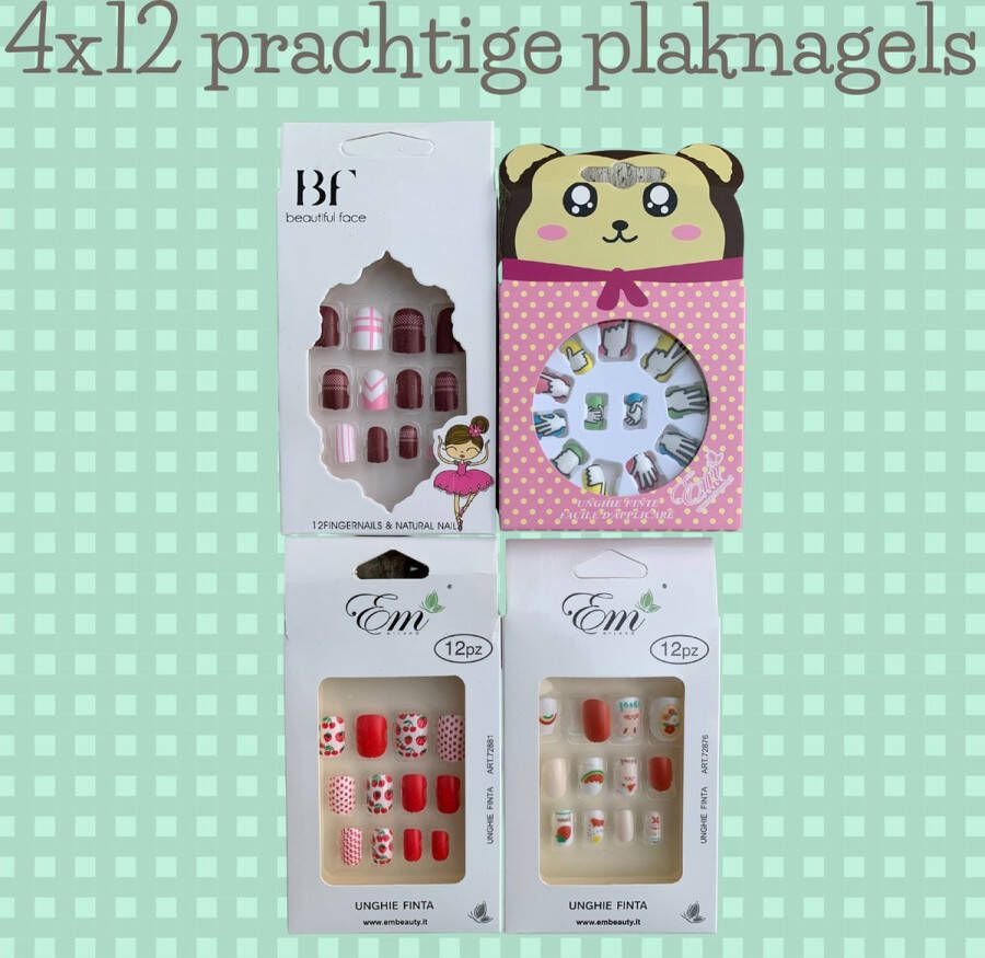 VV Meijiaer Kinder Plaknagels Valse Nagels 4 x 12 Stuks Geen Lijm Nodig Glitter