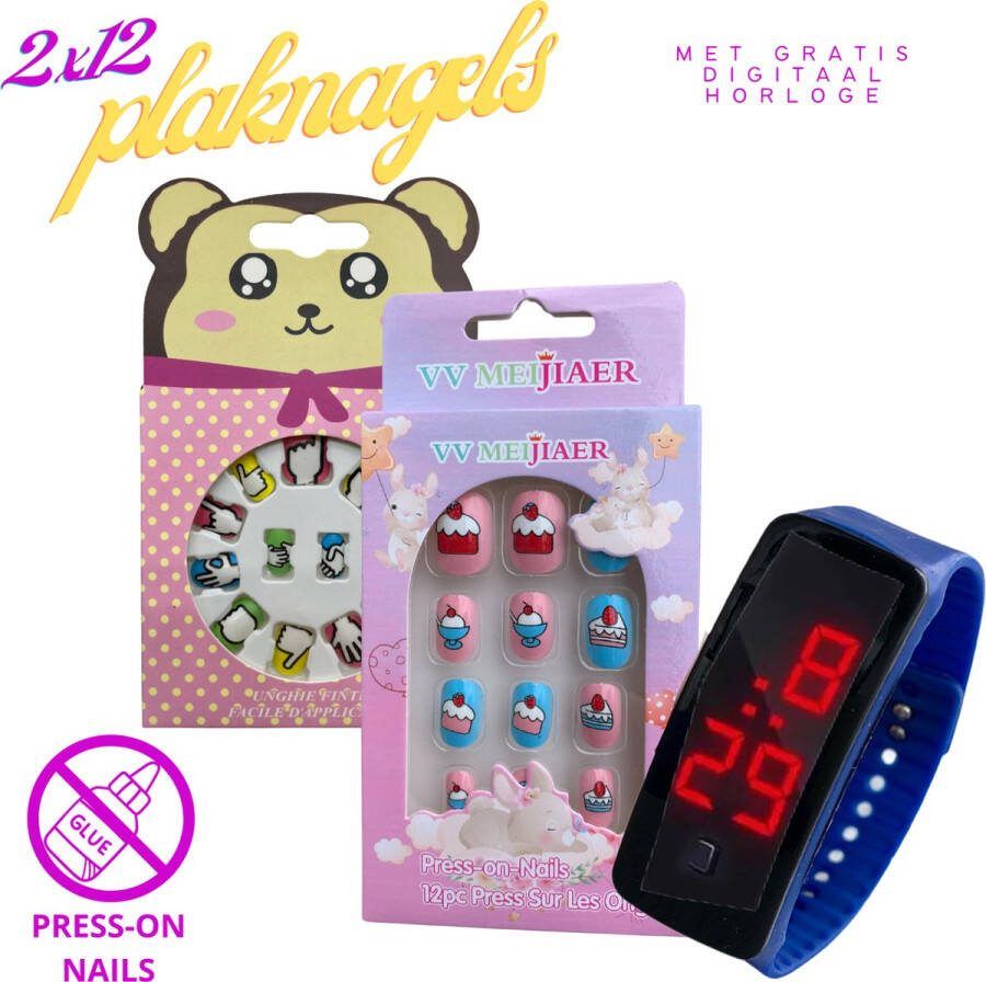VV Meijiaer Plaknagels 2 x 12 Nagels Met gratis Digitaal Horloge Valse Nagels voor Kinderen Geen Lijm Nodig