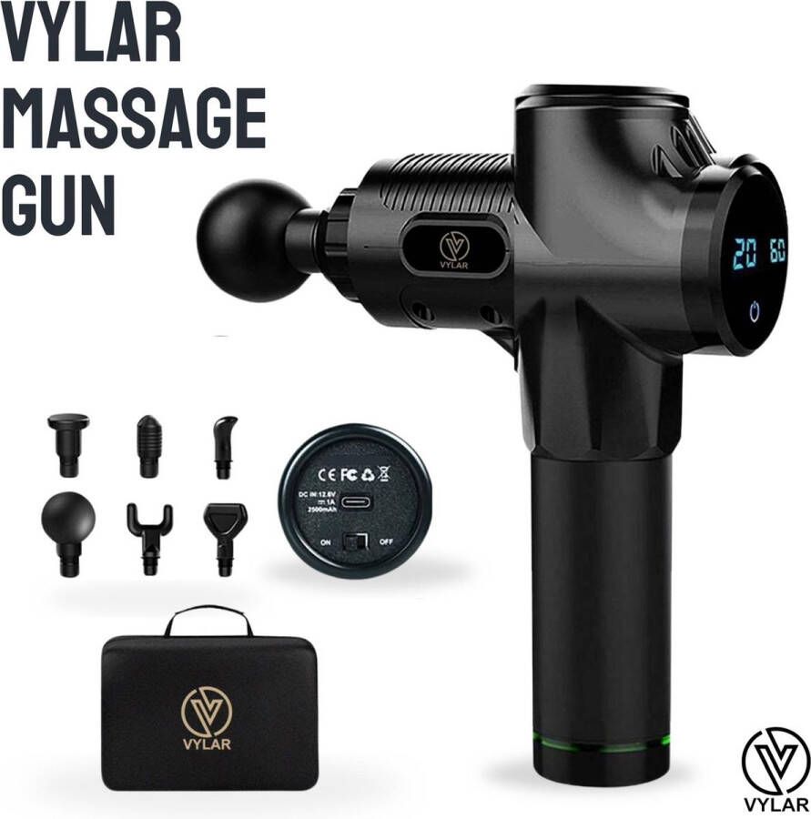 Vylar Massage Gun Inclusief Koffer en 6 Opzetstukken Sport en Relax Massage Apparaat Krachtig en Draadloos Professioneel Massage pistool Fitness