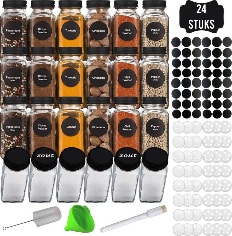 W&Z 24 Glazen Kruidenpotjes vierkant Set met 2 Soorten Strooideksels – Kruidenstrooier – Compleet Pakket incl Stickers Krijtstift en trechter -Zwart -Black Friday 2023