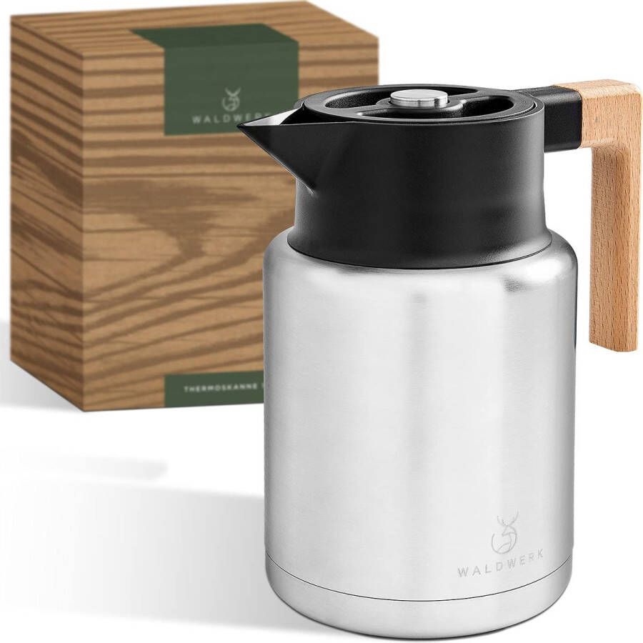 Waldwerk thermoskan (1.4L) Koffiepot gemaakt van dubbelwandig 304 roestvrij staal en met elegante houten handgreep thermosfles met druppelvrij gieten