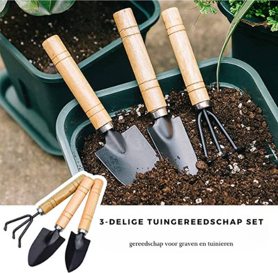 Waledano 3-Delige Tuingereedschap Set Geschikt voor tuinieren planten Tuinschepje Kweek set Tuinhark Plantschep Handschep met Houten Handvat