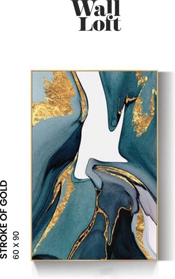 Wall-Loft hand geschilderd – Blauw Goud Bruin Paars Zwart Wit Zwart Frame Muurschilderij – Stroke Of Gold Eyecatcher – 3 Schilderijen 60x90