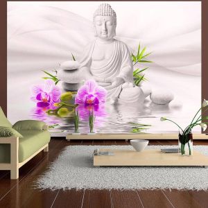 Walliex Zelfklevend fotobehang Buddha and pink orchids