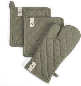 Walra kookset cook with a smile Set van 2 pannenlappen en 1 ovenwant 100% katoen Legergroen