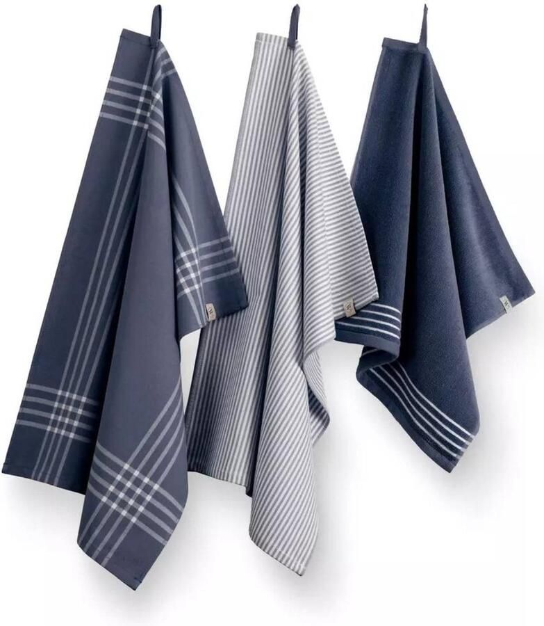 Walra Keukenset Superior Kitchen Set Blauw Wit 2x 50x70 + 1x 50x50 cm 100% Katoen