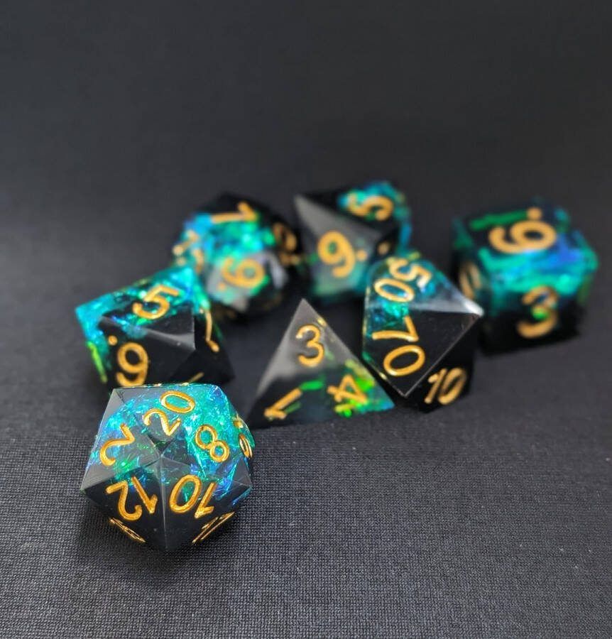Wancelot FoilForged Emerald Obsidian DnD Dice Dungeons & Dragons Dice Set
