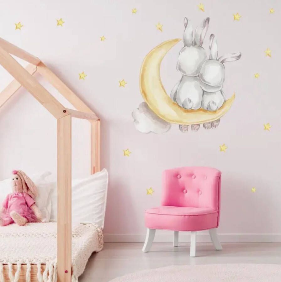 Wandkind Muursticker Konijnen op de maan Babykamer Kinderkamer Wanddecoratie 75 x 75 cm Kraamcadeau