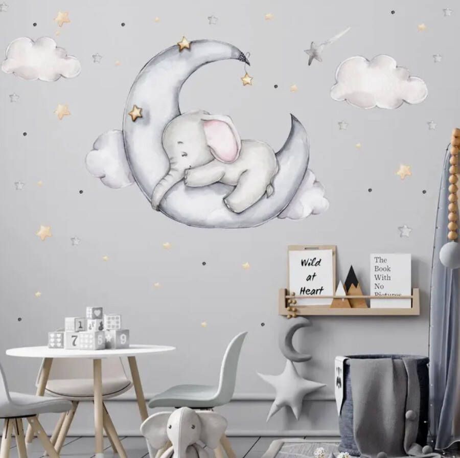 Wandkind Muursticker kinderkamer Olifant op de maan Babykamer Muurstickers Kinderkamer Wanddecoratie Wandsticker 75 x 75 cm Kraamcadeau