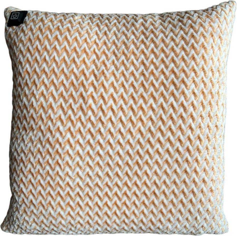 Warmpi Draadloos Warmtekussen incl. Powerbank (10.000mah) Badstof Oranje Wit Het verwarmde kussen heeft ook kabel van 3m voor opwarming via stopcontact of USB Poort 3 warmtestanden Afmeting 45x45 cm zachte bad stof