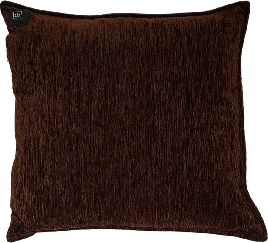 Warmpi Draadloos Warmtekussen incl. Powerbank (10.000mah) Chenille Brown Het elektrisch verwarmde kussen heeft ook kabel van 3m voor opwarming via stopcontact of USB Poort 3 warmtestanden Afmeting 45x45 cm Chenille meubelstof