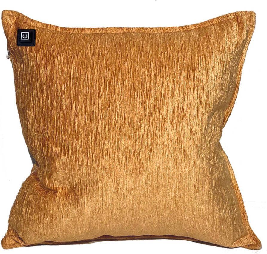 Warmpi Draadloos Warmtekussen incl. Powerbank (10.000mah) Chenille stof Camel Beige Bruin Elektrisch verwarmd sierkussen heeft ook kabel van 3m voor opwarming via stopcontact of USB Poort 3 warmtestanden Afmeting kussen 45x45 cm