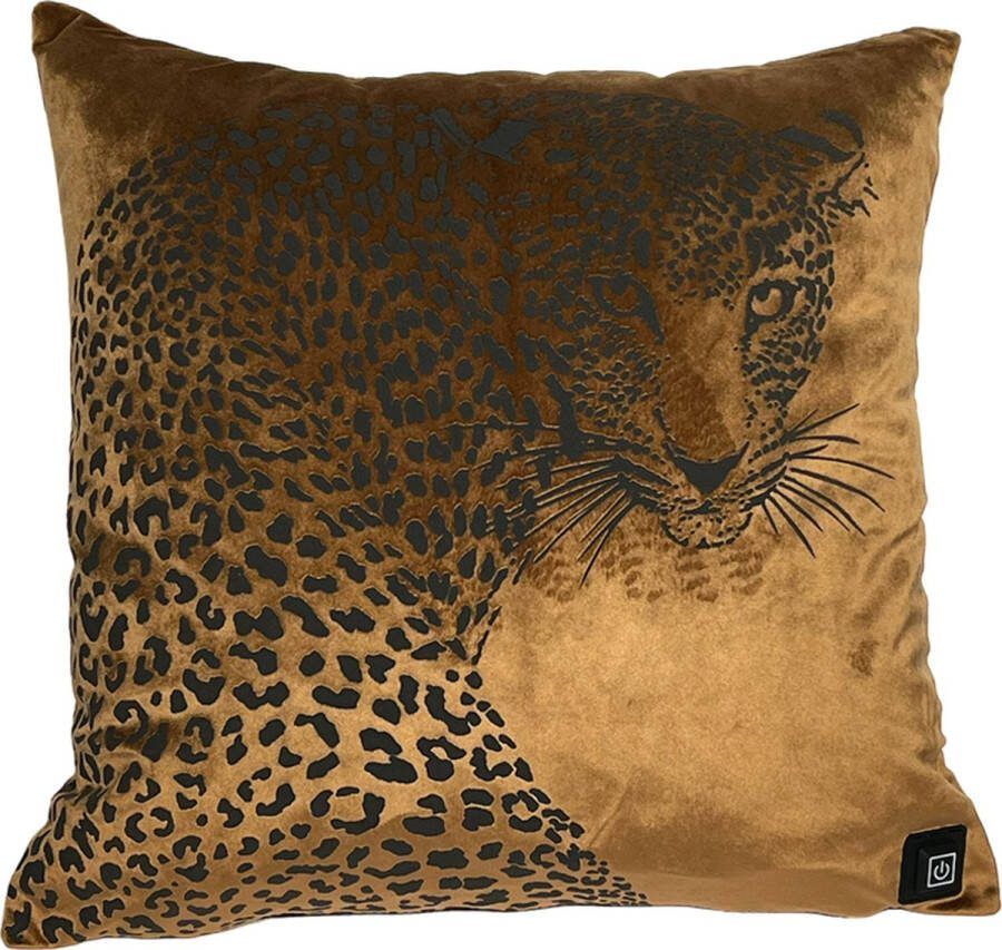 Warmpi Draadloos Warmtekussen incl. Powerbank (10.000mah) Fluweel Bruin met Panter Elektrisch verwarmd sierkussen heeft ook kabel van 3m voor opwarming via stopcontact of USB Poort 3 warmtestanden-Afmeting kussen 45x45cm Velvet Stof