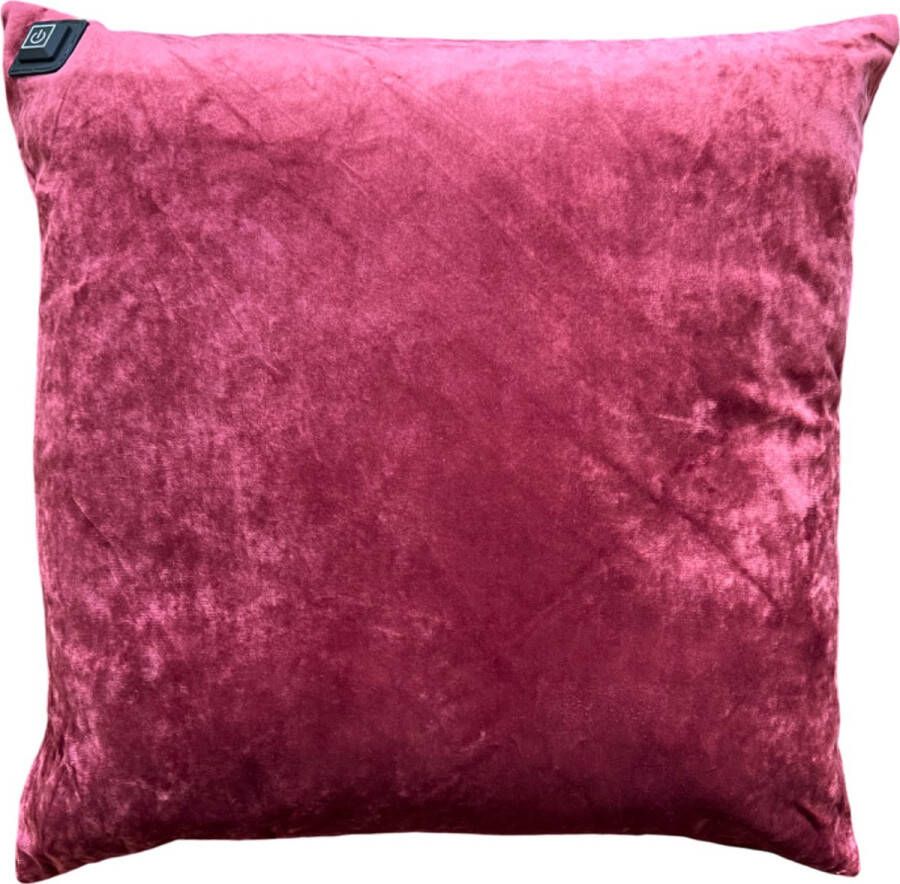 Warmpi Draadloos Warmtekussen incl. Powerbank (10.000mah) Fluweel Cherry Rood Verwarmd sierkussen heeft ook kabel van 3m voor opwarming via stopcontact of USB Poort 3 warmtestanden Afmeting kussen 45x45 cm zachte velvet stof