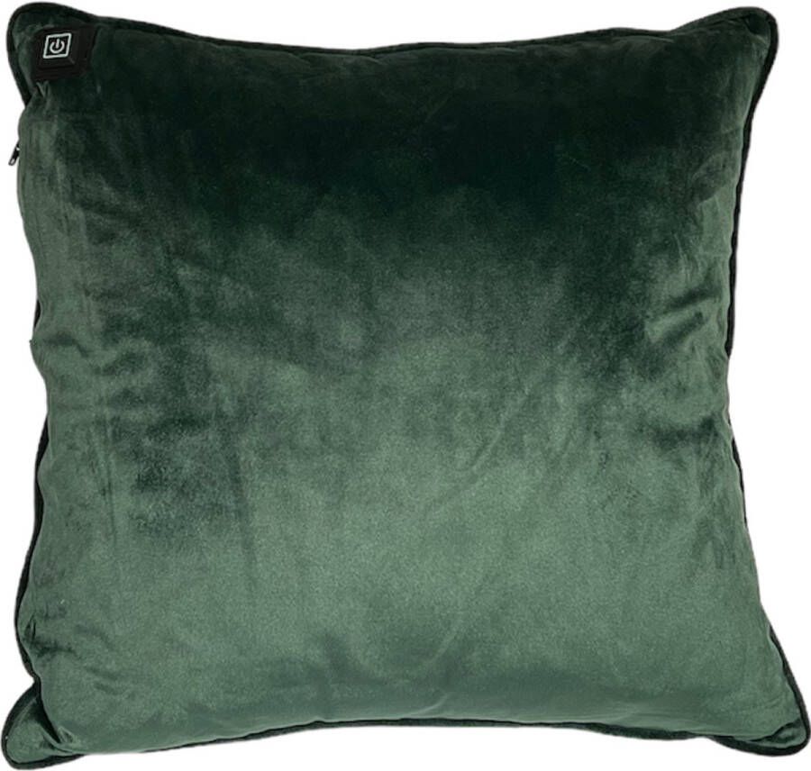 Warmpi Draadloos Warmtekussen incl. Powerbank (10.000mah) Fluweel Donker Groen Het elektrisch verwarmde kussen heeft ook kabel van 3m voor opwarming via stopcontact of USB Poort 3 warmtestanden Afmeting 45x45 cm zachte velvet stof