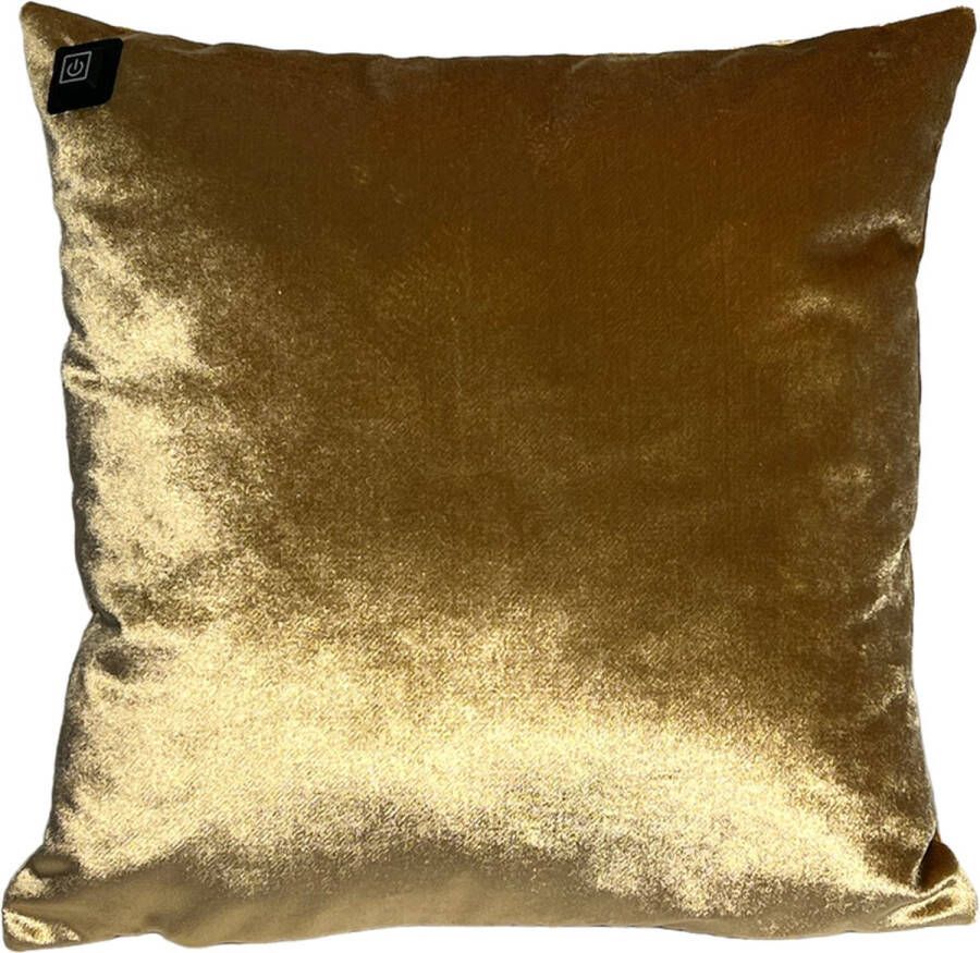 Warmpi Draadloos Warmtekussen incl. Powerbank (10.000mah) Fluweel Goud Het verwarmde kussen heeft ook kabel van 3m voor opwarming via stopcontact of USB Poort 3 warmtestanden 45x45 cm Mooie en zachte velvet