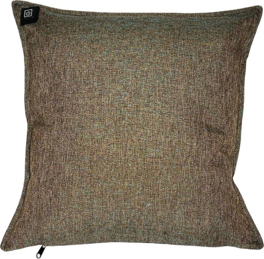 Warmpi Draadloos Warmtekussen incl. Powerbank (10.000mah) Linnen Brons met Turquoise Het verwarmde kussen heeft ook kabel van 3m voor opwarming via stopcontact of USB Poort 3 warmtestanden Afmeting 45x45 cm Duurzaam Linnen