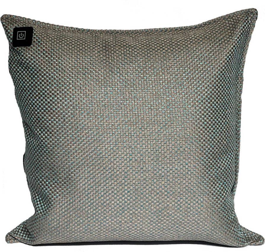 Warmpi Draadloos Warmtekussen incl. Powerbank (10.000mah) Linnen Taupe met Turquoise Elektrisch Verwarmd Kussen heeft ook kabel van 3m voor opwarming via stopcontact of USB Poort 3 warmtestanden Afmeting 45x45 cm Linnen Meubelstof