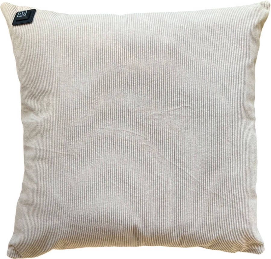 Warmpi Draadloos Warmtekussen incl. Powerbank (10.000mah) Rib Beige Het elektrisch verwarmde kussen heeft ook kabel van 3m voor opwarming via stopcontact of USB Poort 3 warmte standen Afmeting 45x45 cm Ribfluweel