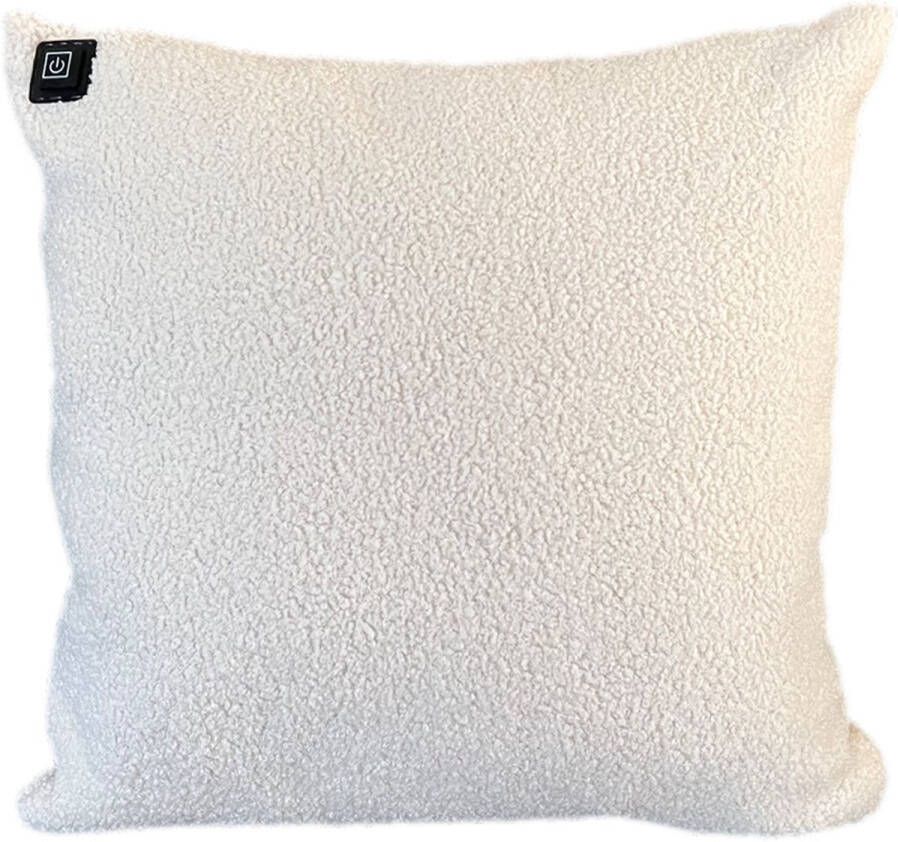 Warmpi Draadloos Warmtekussen incl. Powerbank (10.000mah) Teddy Bouclé Wit Het elektrisch verwarmde kussen heeft ook kabel van 3m voor opwarming via stopcontact of USB Poort 3 warmtestanden Afmeting 45x45 cm Zachte Teddy stof
