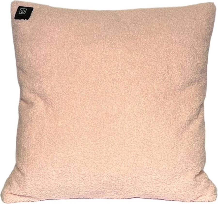Warmpi Draadloos Warmtekussen incl. Powerbank (10.000mah) Teddy Zacht Roze Het elektrisch verwarmde kussen heeft ook kabel van 3m voor opwarming via stopcontact of USB Poort 3 warmtestanden Afmeting 45x45 cm Zachte teddy vacht
