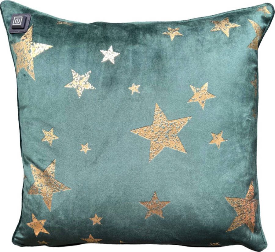 Warmpi Kerst Warmtekussen Draadloos Fluweel Groen incl. Powerbank (10.000mah) Velvet met kerststerren Het verwarmde sierkussen heeft ook kabel van 3m voor opwarming via stopcontact of USB Poort 3 standen 45x45 cm velours ster