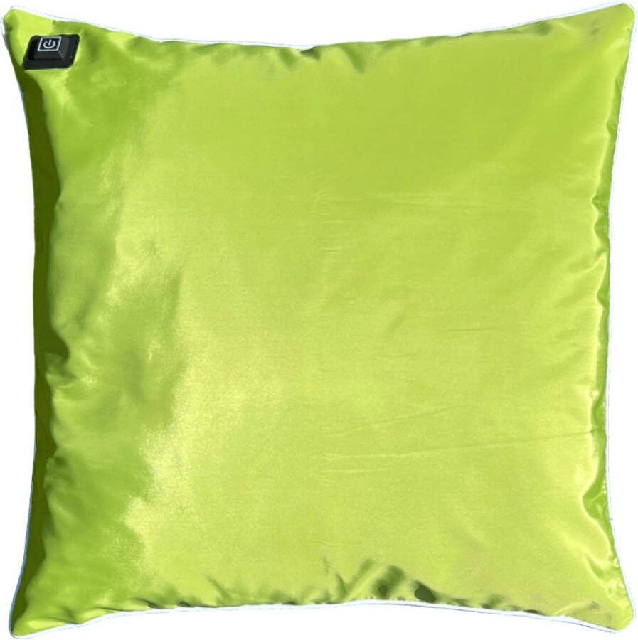 Warmpi Outdoor Draadloos Warmtekussen incl Powerbank (10.000mah) Groen met witte rand Waterafstotend en UV-bestendig 3 warmtestanden Voor buiten en binnen Afmeting 45x45 cm