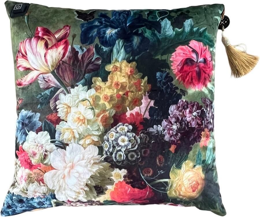Warmpi Draadloos Warmtekussen incl. Powerbank (10.000mah) Flower Bomb Fluweel Met Bloemen Verwarmd sierkussen met geïntegreerde kabel van 3m voor opwarming via stopcontact of USB Poort 3 standen kussen 45x45 cm Velvet stof