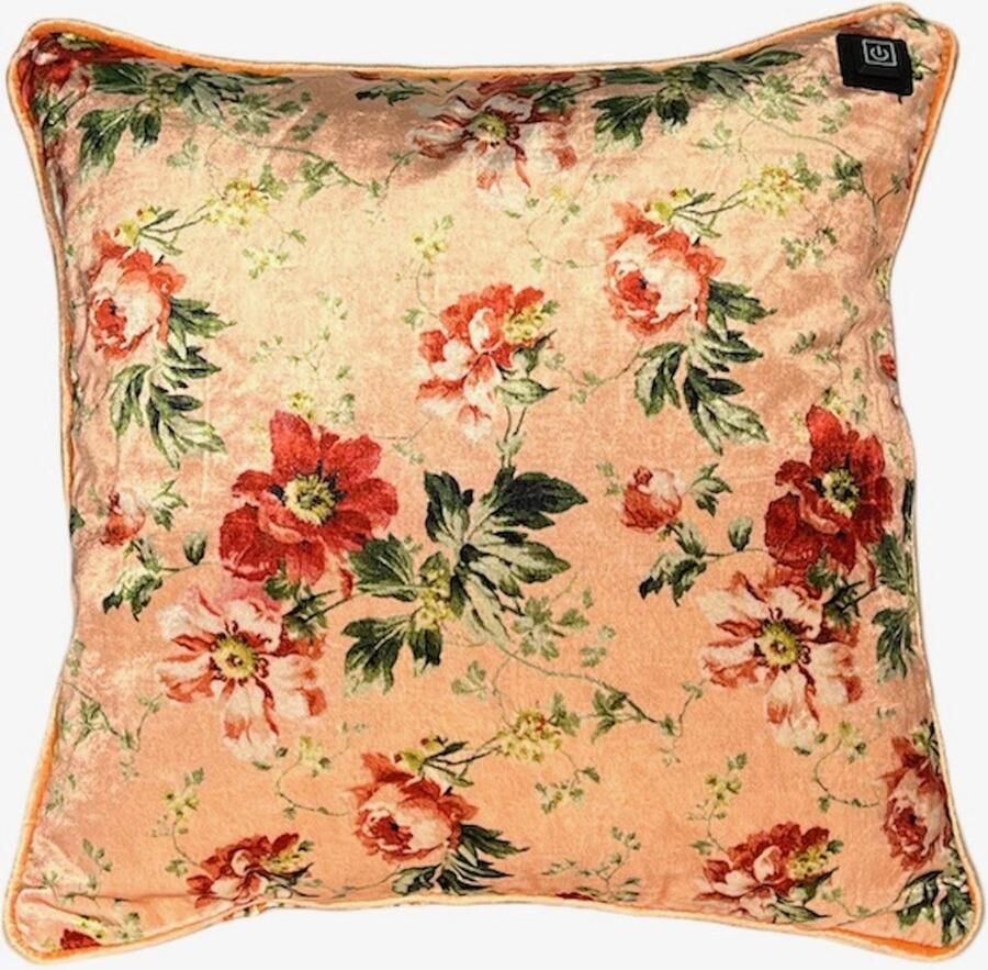 Warmpi Draadloos Warmtekussen incl. Powerbank (10.000mah) Fluweel Fleur bloemen Het elektrisch verwarmde kussen heeft ook kabel van 3m voor opwarming via stopcontact of USB Poort 3 warmtestanden Afmeting 45x45 cm zachte Velvet stof