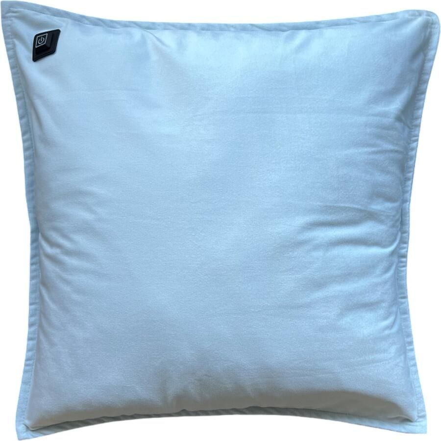 Warmpi Draadloos Warmtekussen incl. Powerbank (10.000mah) Fluweel Lichtblauw Elektrisch verwarmd sierkussen heeft ook kabel van 3m voor opwarming via stopcontact of USB Poort 3 warmtestanden kussen 45x45 cm velvet stof