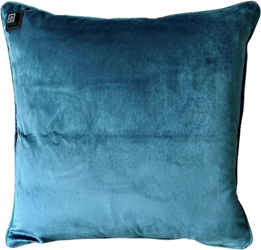 Warmpi Draadloos Warmtekussen incl. Powerbank (10.000mah) Fluweel Zee Het elektrisch verwarmde kussen heeft ook kabel van 3m voor opwarming via stopcontact of USB Poort 3 warmtestanden 45x45 cm Petrol Blauw Zachte Velvet stof