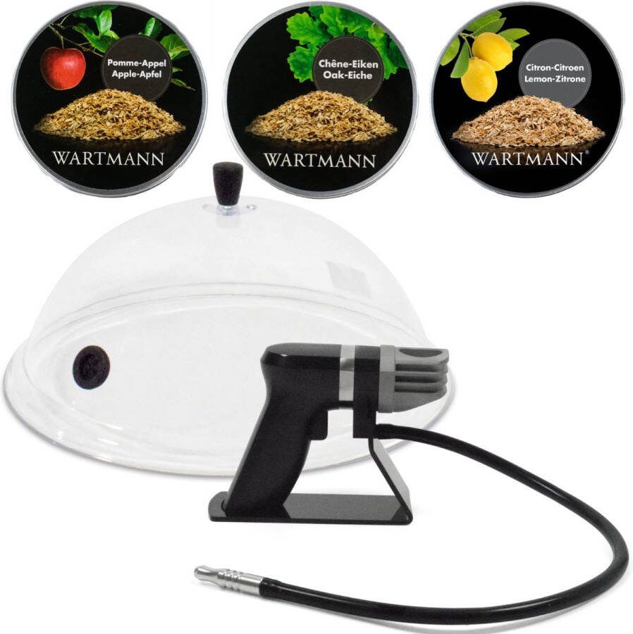 Wartmann 1907SK Rookpistool Deluxe Pakket Smoking Gun Stolp 3 Smaken Rookmot Koud Roken Foodsmoker Cold Smoke Rookapparaat Eik Appel en Citroen Mat Zwart