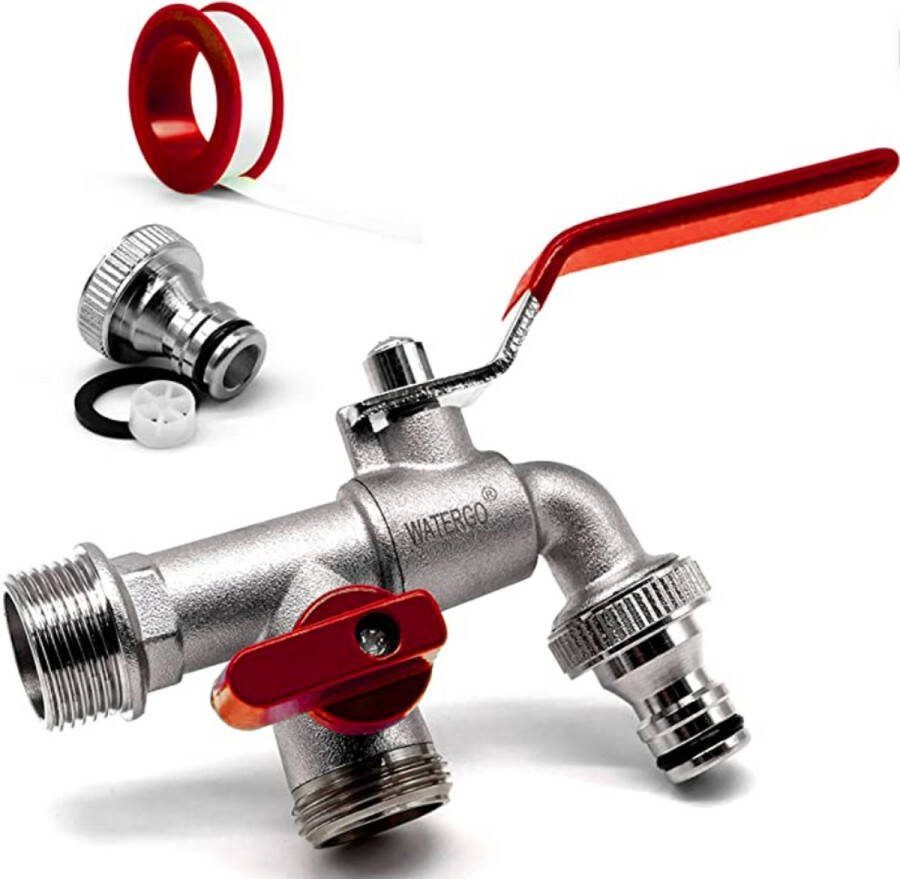 Watergo Premium Dubbele Uitloopkraan 3 4 Inch Rood Dubbele Messing Waterkraan met 2x 3 4 Inch Uitloop + e-Boek Roest- en Vorstbestendige Buitenwaterkraan voor Tuin Huishouden & Industrie