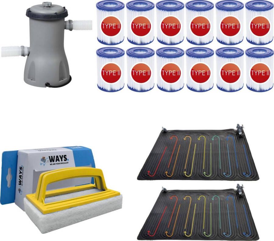 Merkloos Sans marque WAYS Zwembad Onderhoud Zwembad Verwarming 2 stuks & Bestway Filterpomp 2006 L h & 12 Bestway Filters Type II & WAYS Handy Scrubborstel