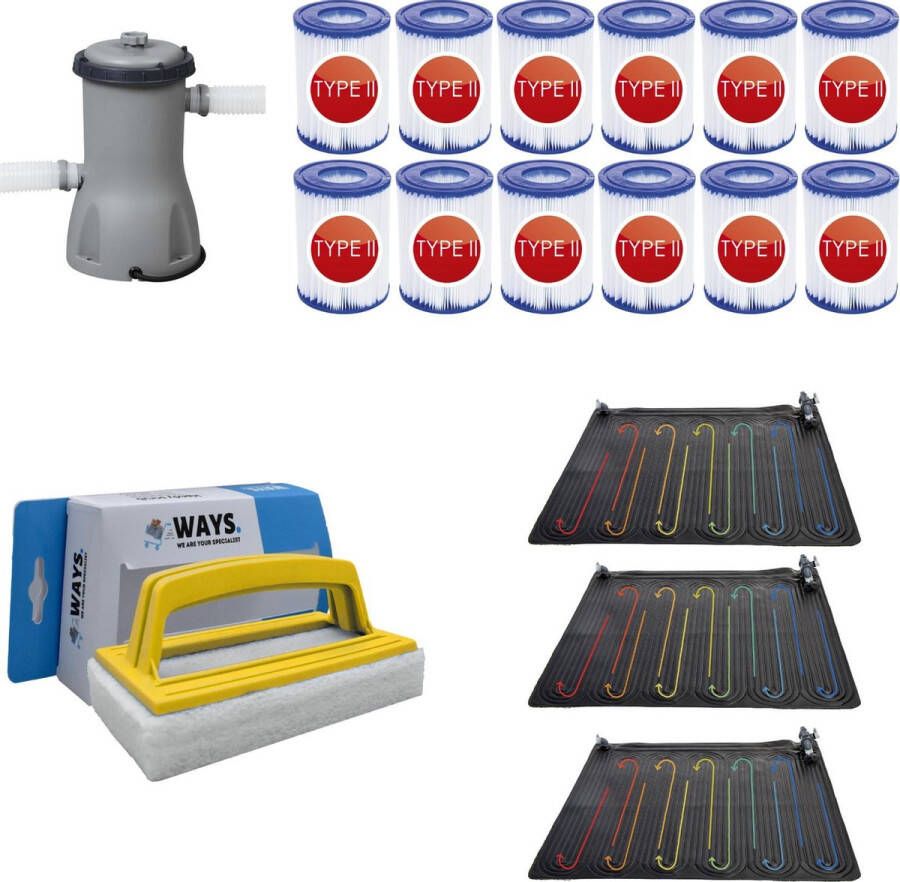 Merkloos Sans marque WAYS Zwembad Onderhoud Zwembad Verwarming 3 stuks & Bestway Filterpomp 2006 L h & 12 Bestway Filters Type II & WAYS Handy Scrubborstel