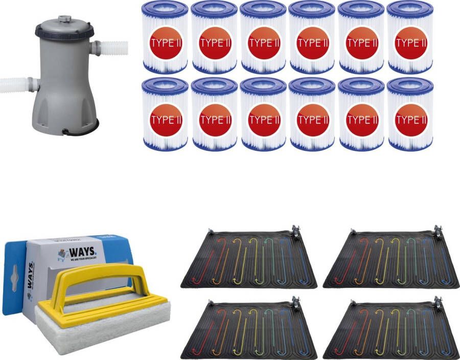 Merkloos Sans marque WAYS Zwembad Onderhoud Zwembad Verwarming 4 stuks & Bestway Filterpomp 2006 L h & 12 Bestway Filters Type II & WAYS Handy Scrubborstel