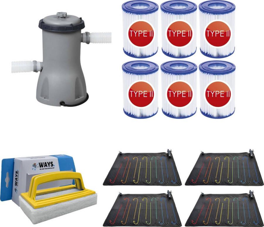 Merkloos Sans marque WAYS Zwembad Onderhoud Zwembad Verwarming 4 stuks & Bestway Filterpomp 2006 L h & 6 Bestway Filters Type II & WAYS Handy Scrubborstel