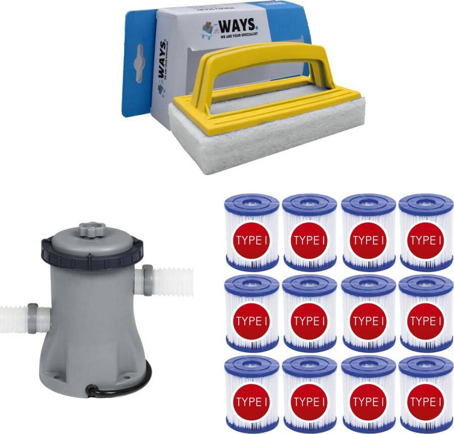 Bestway WAYS Zwembad Onderhoud Filterpomp 1249 L h & 12 Filters Type I & WAYS Handy Scrubborstel