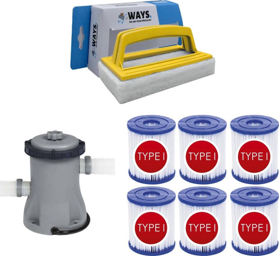Bestway WAYS Zwembad Onderhoud Filterpomp 1249 L h & 6 Filters Type I & WAYS Handy Scrubborstel