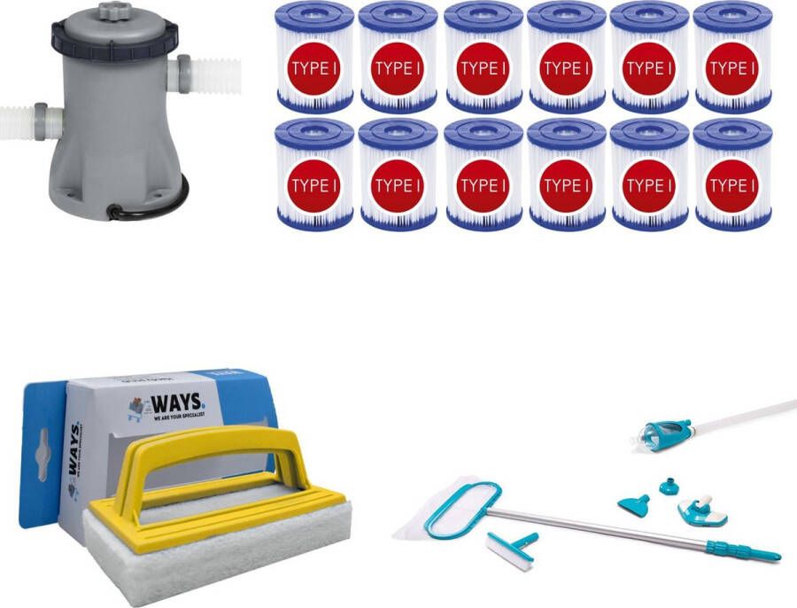 Merkloos Sans marque WAYS Zwembad Onderhoud Intex Onderhoudsset Deluxe & Bestway Filterpomp 1249 L h & 12 Bestway Filters Type I & WAYS Handy Scrubborstel