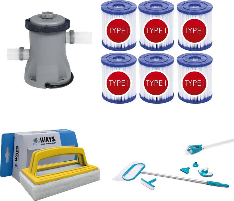 Merkloos Sans marque WAYS Zwembad Onderhoud Intex Onderhoudsset Deluxe & Bestway Filterpomp 1249 L h & 6 Bestway Filters Type I & WAYS Handy Scrubborstel