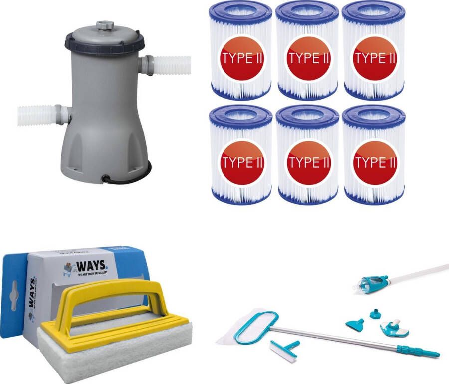 Merkloos Sans marque WAYS Zwembad Onderhoud Intex Onderhoudsset Deluxe & Bestway Filterpomp 2006 L h & 6 Bestway Filters Type II & WAYS Handy Scrubborstel