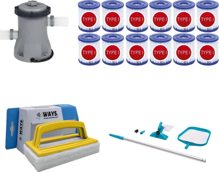 Merkloos Sans marque WAYS Zwembad Onderhoud Intex Onderhoudsset & Bestway Filterpomp 1249 L h & 12 Bestway Filters Type I & WAYS Handy Scrubborstel