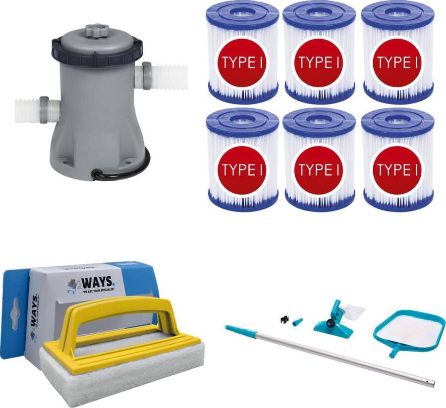 Merkloos Sans marque WAYS Zwembad Onderhoud Intex Onderhoudsset & Bestway Filterpomp 1249 L h & 6 Bestway Filters Type I & WAYS Handy Scrubborstel