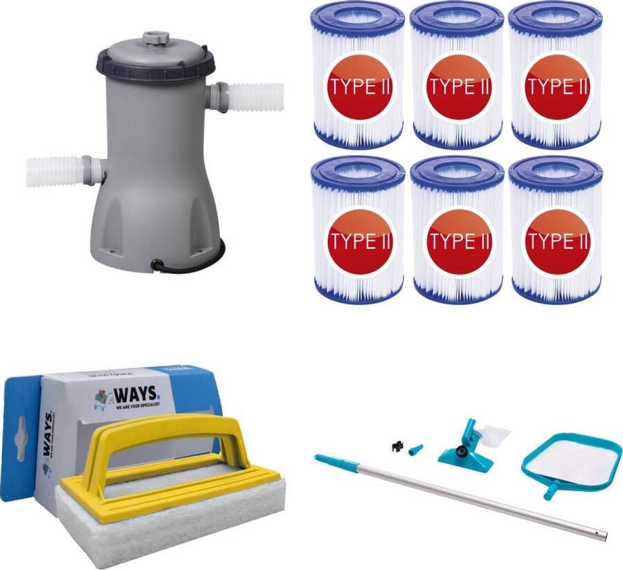 Merkloos Sans marque WAYS Zwembad Onderhoud Intex Onderhoudsset & Bestway Filterpomp 2006 L h & 6 Bestway Filters Type II & WAYS Handy Scrubborstel
