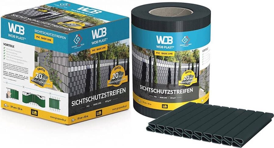 WDB Basic Line PVC zichtwerende strips voor dubbelstaafmatten inkijkbescherming voor tuinhek & dubbelstaafmattenhek 35m x 19cm + 20 stuks bevestigingsclips klemrails (antraciet RAL 7016)