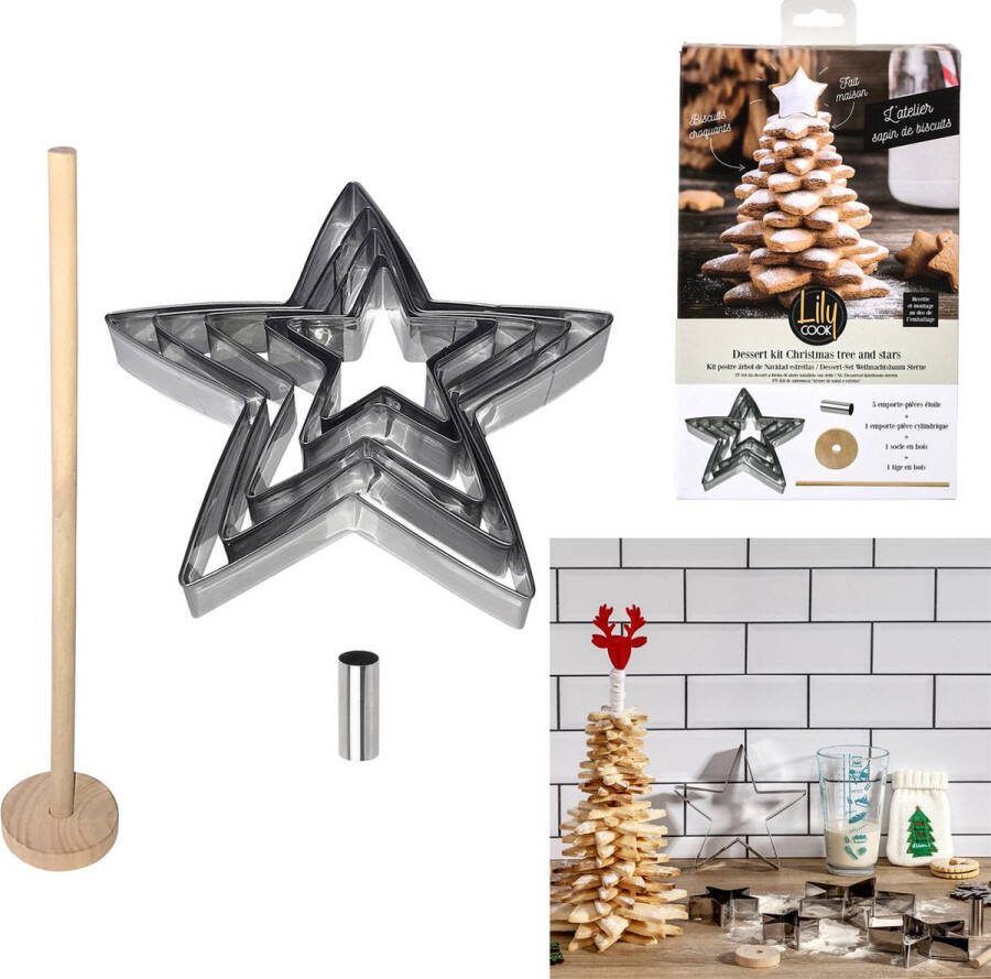 WDMT Complete Kerst Koekjesboom Bakset Inclusief Ster Uitsteekvormen en Houten Houder Zilver