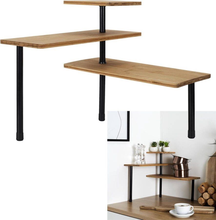 WDMT Ruimte Besparend Bamboe Hoekrek 43 x 27 x 43 cm 3 Laags Opbergrek Keuken Organizer Bruin